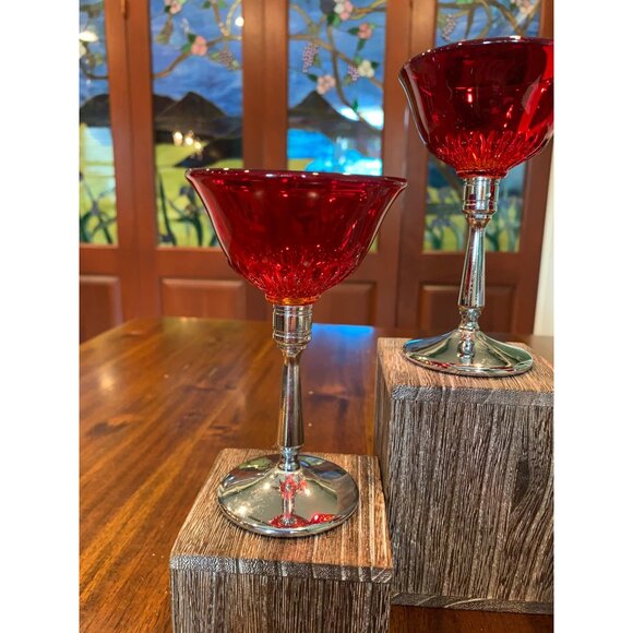 Vintage Cambridge Tally Ho Ruby Red And Chrome Liquor Glasses. 1930s - Picture 6 of 15
